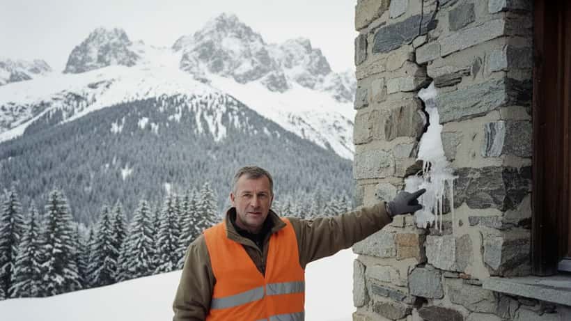 Tecnico che esamina i danni strutturali di una casa in montagna dopo una valanga