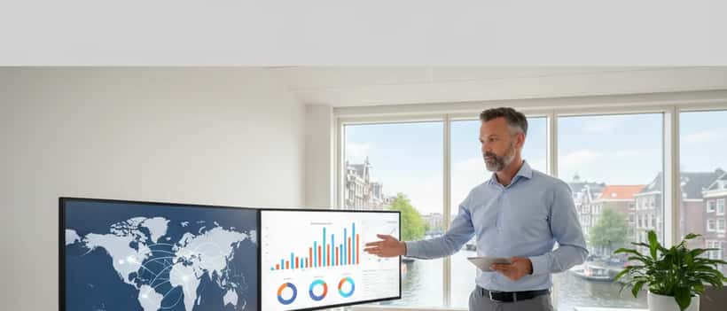 Nederlandse financieel adviseur bekijkt wereldkaart en beleggingsgrafieken op twee monitors in modern Amsterdam kantoor
