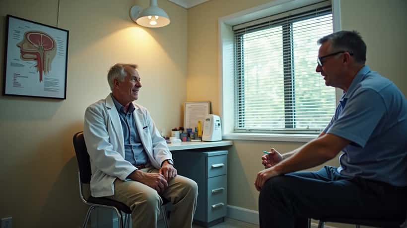 Australian GP consulting with a patient about oesophageal cancer symptoms in a Sydney clinic