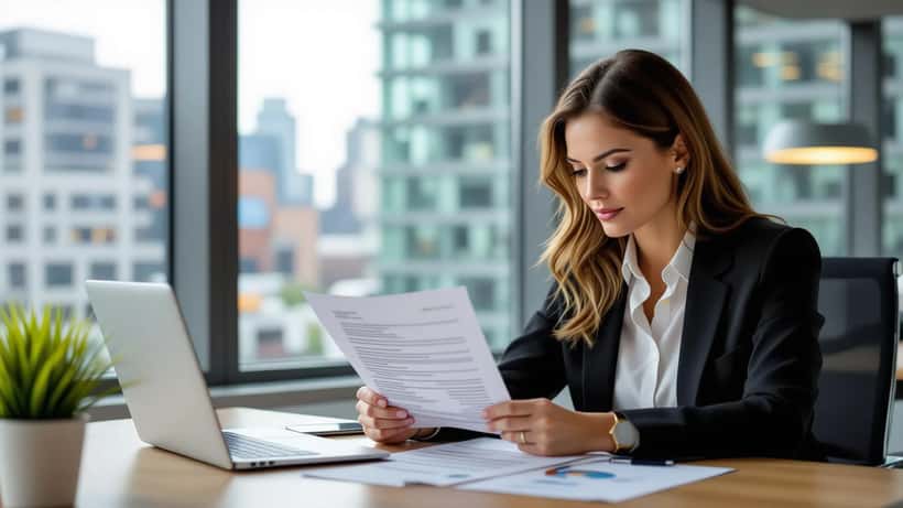 Canadian employee reviewing sick leave documentation and employment contract at office desk