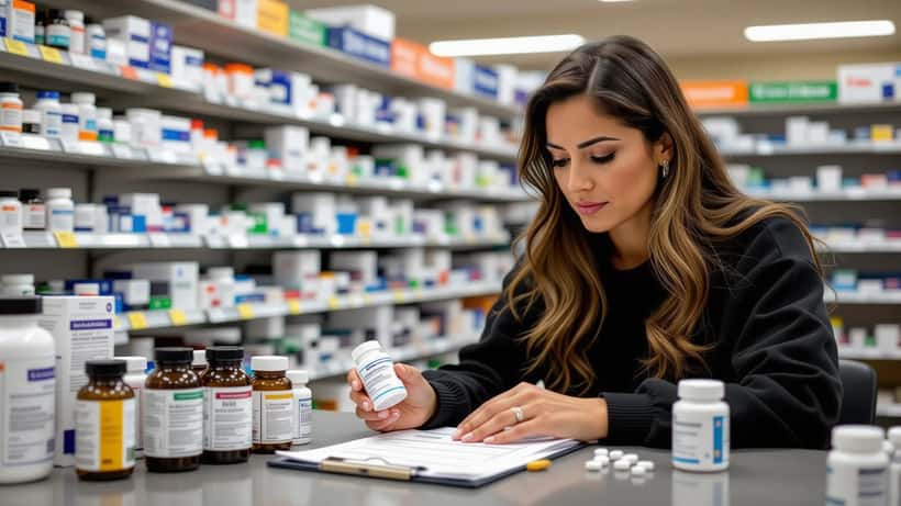 Mujer revisando suplementos vitamínicos en una farmacia estadounidense