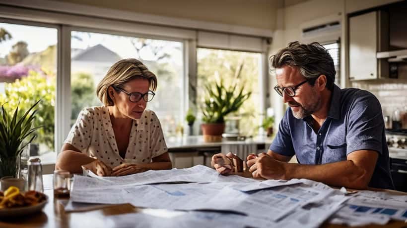 Australian couple reviewing mortgage documents and financial statements at kitchen table amid stagflation concerns