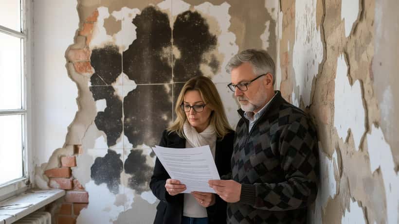 Ehepaar in Wiener Altbauwohnung untersucht Schimmelschäden an der Wand mit Mängelanzeige in der Hand