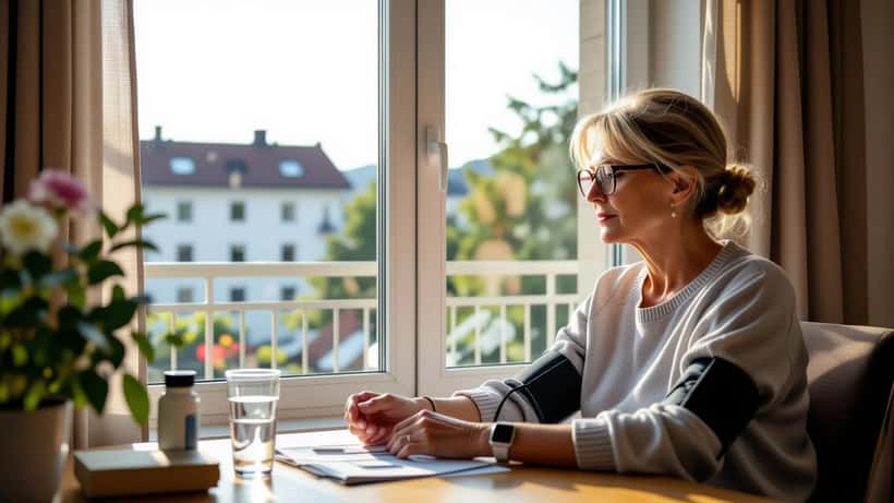 Eldre norsk kvinne måler blodtrykk ved vindu i varm leilighet under Yrs farevarsel for ekstremvarme sommeren 2026