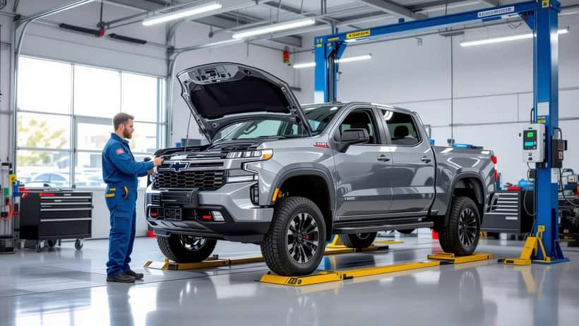 Mecánico inspecciona un Slate Truck eléctrico en taller, 2026