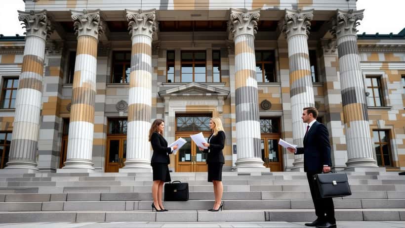 Frau konsultiert Anwalt vor deutschem Gerichtsgebäude