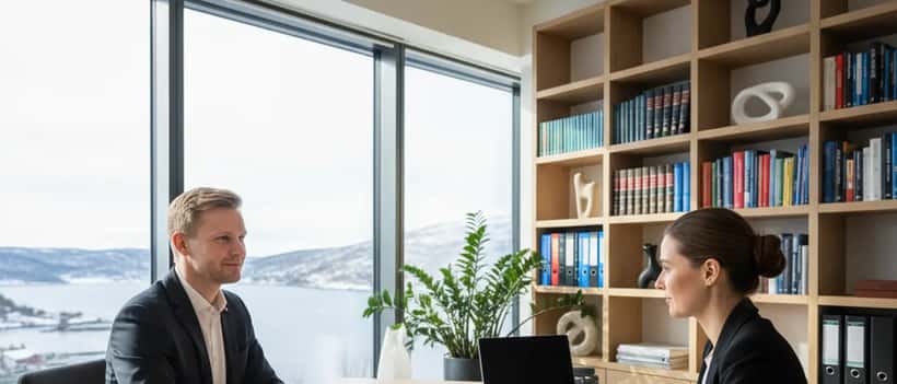 Norsk familierettsadvokat rådgiver en forelder i et kontor med et barns tegning på bordet