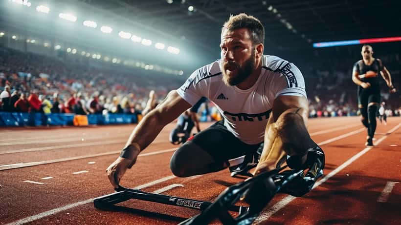 Athlet beim Hyrox-Sled-Push in einem deutschen Sportstadion während eines Wettkampfs
