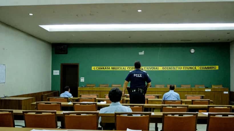 Câmara municipal brasileira com fita policial e agentes da PF investigando documentos