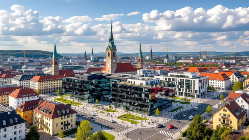 Blick auf das Regierungsviertel von Sankt Pölten, Landeshauptstadt Niederösterreich, mit dem Klangturm im Hintergrund