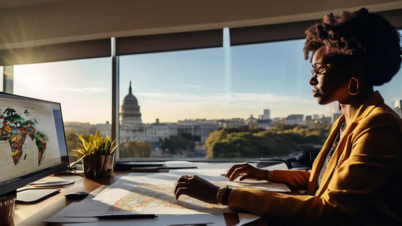 Financial advisor reviewing Africa investment portfolio with Angola highlighted on world map