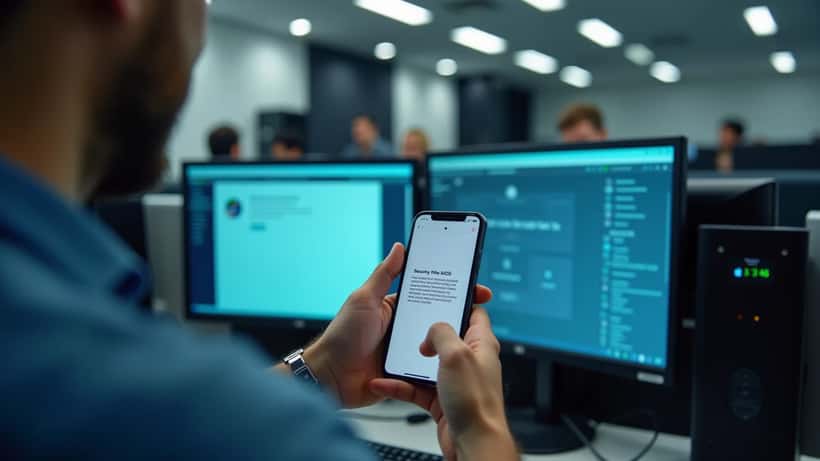 IT administrator in a Sydney office installing the iOS 26.4.2 emergency security patch on an iPhone — Australian businesses urged to update immediately