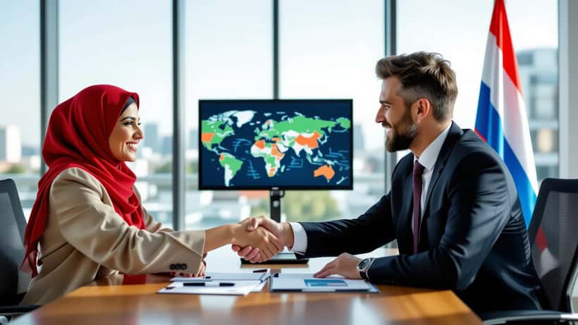 Entrepreneurs tunisiens et néerlandais échangeant autour d'une table de négociation internationale