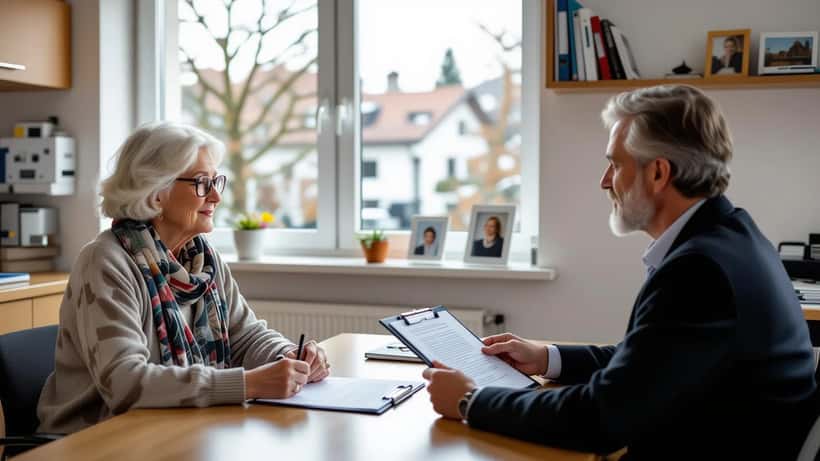 Ältere Frau im Gespräch mit einem Neurologen in einer deutschen Arztpraxis — kognitive Tests auf dem Tisch