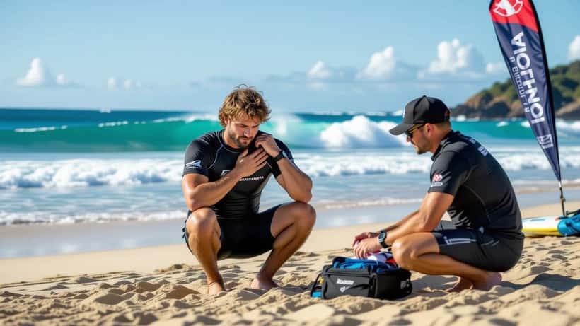 Surfista brasileiro recebe atendimento médico esportivo na praia de Saquarema durante o VIVO Rio Pro 2026