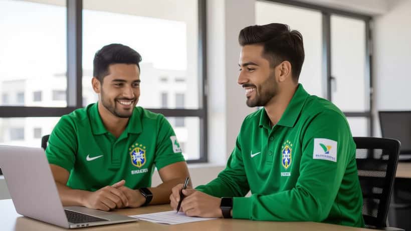 Jogador de vôlei do Brasil analisa documentos financeiros com consultor especializado