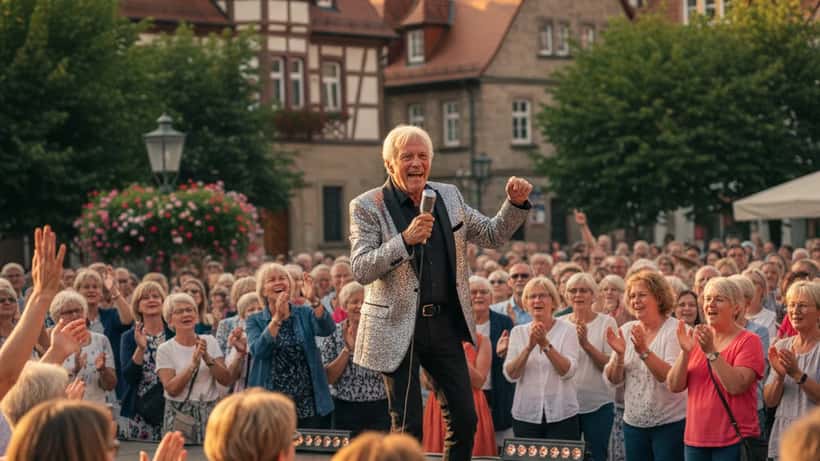 Älterer deutscher Musiker tritt energetisch auf einer Freilichtbühne auf, goldenes Abendlicht