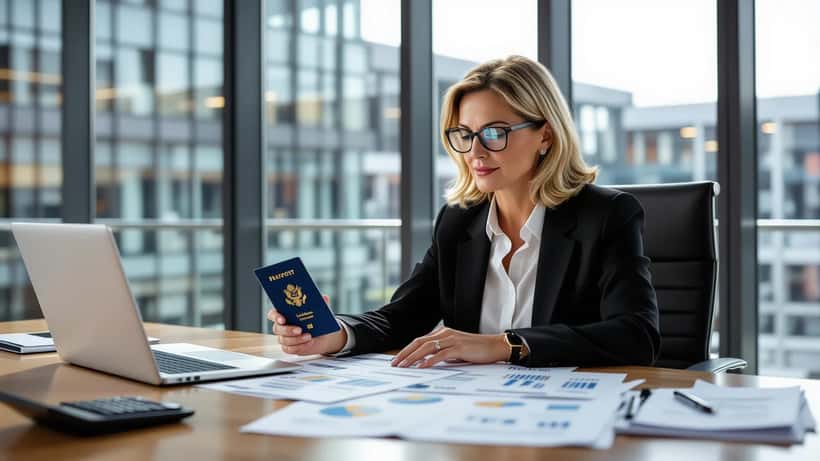 Woman reviewing U.S. passport and IRS Form 8854 tax documents with financial advisor in Zurich office