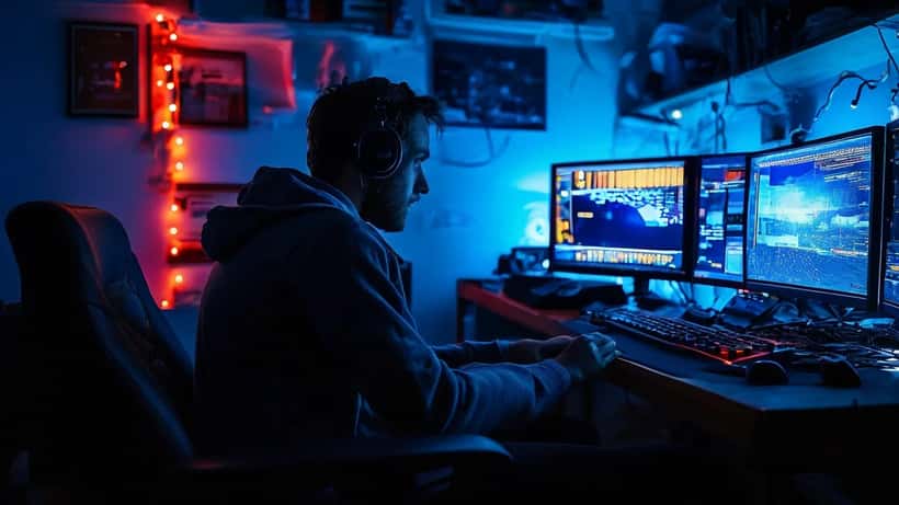 Australian gamer in dark home office looking at security alert on dual monitors with gaming controller nearby