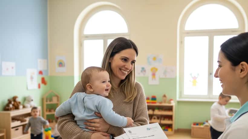Madre italiana con bebè in un asilo nido milanese consegna la documentazione INPS