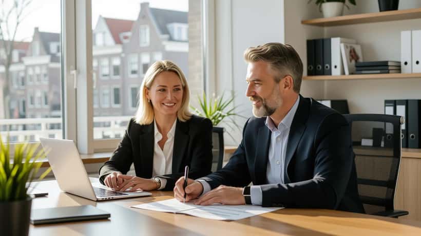 Advocaat bespreekt erfrecht en testament voor eenmanszaak met ondernemer in Nederlands kantoor