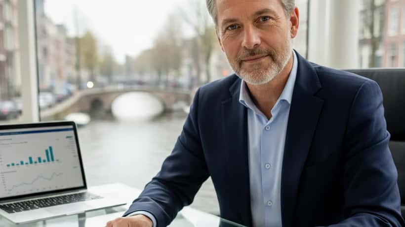 Financieel adviseur in Amsterdam bespreekt hypotheekdocumenten met een klant aan een glazen bureau