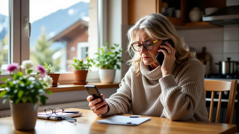 Femme âgée au téléphone, inquiète, victime d'une arnaque à la voix clonée par IA en Suisse
