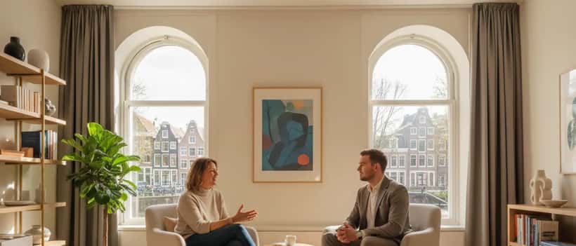 Klinisch psycholoog in gesprek met cliënt in moderne Amsterdamse praktijk