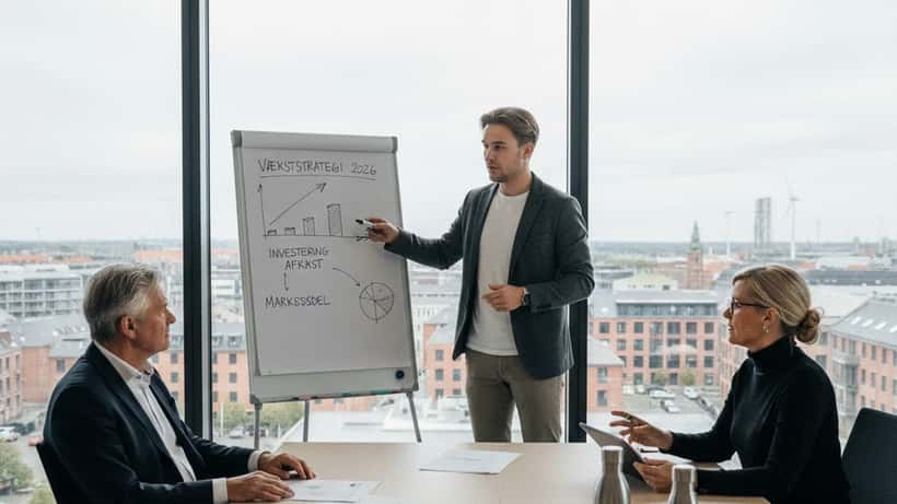Iværksætter præsenterer businessplan for investorer i moderne kontorlokale