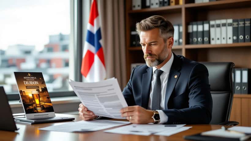 Norsk advokat gjennomgår reklameavtale i Oslo-kontor med ølreklame på skrivebordet