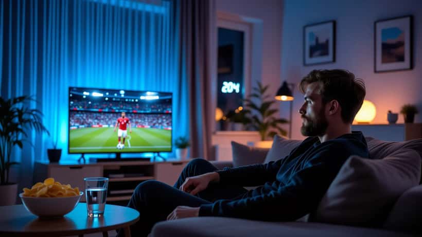 Norsk mann ser Norge–Senegal VM-kamp klokken 02:00 i mørkt rom opplyst av TV-skjerm