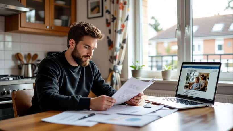 Man studying paternity leave form and employment contract at kitchen table