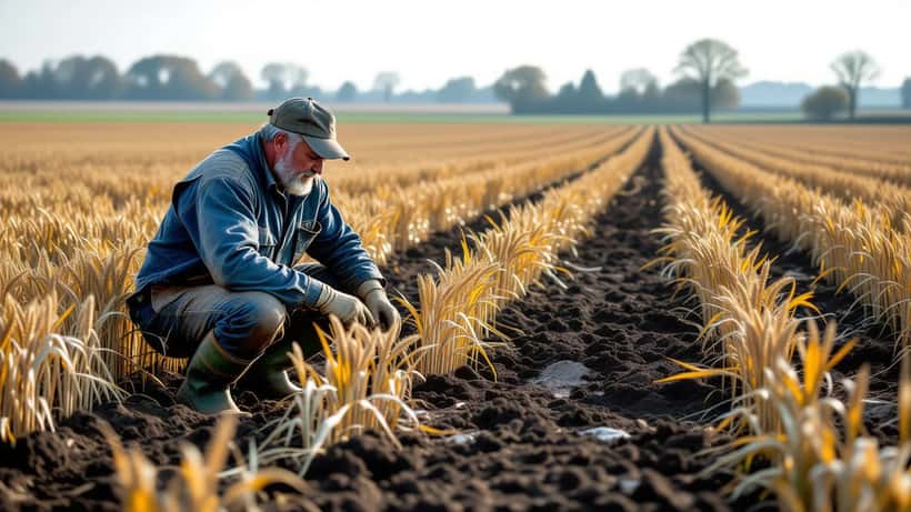 Agriculteur examinant des dégâts de sangliers sur une parcelle de blé en automne dans la plaine champenoise
