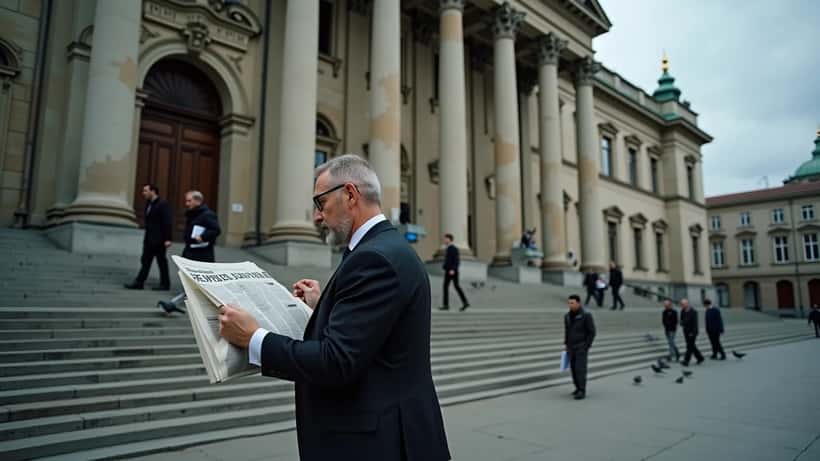 Justizpalast Wien bei bewölktem Morgen, Person mit Zeitung auf Treppe, dokumentarische Pressefotografie der österreichischen Justiz