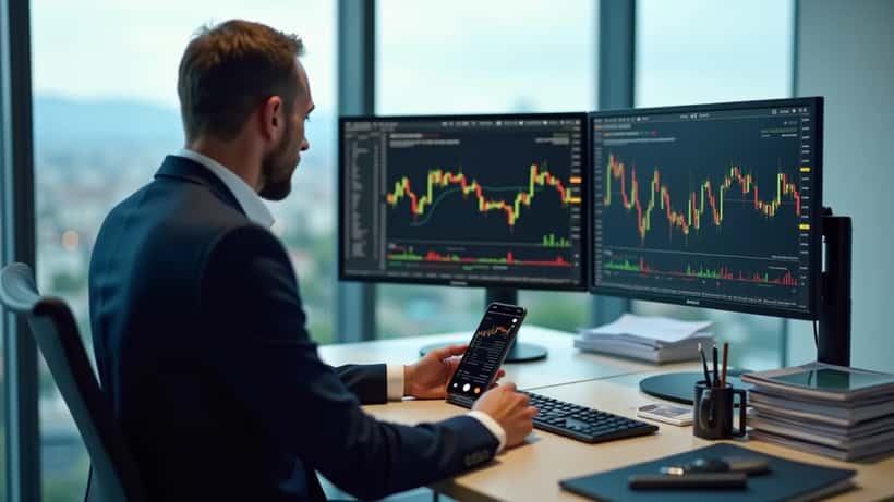 Conseiller en gestion de patrimoine suisse analysant des graphiques financiers et des probabilités sur son écran à Genève