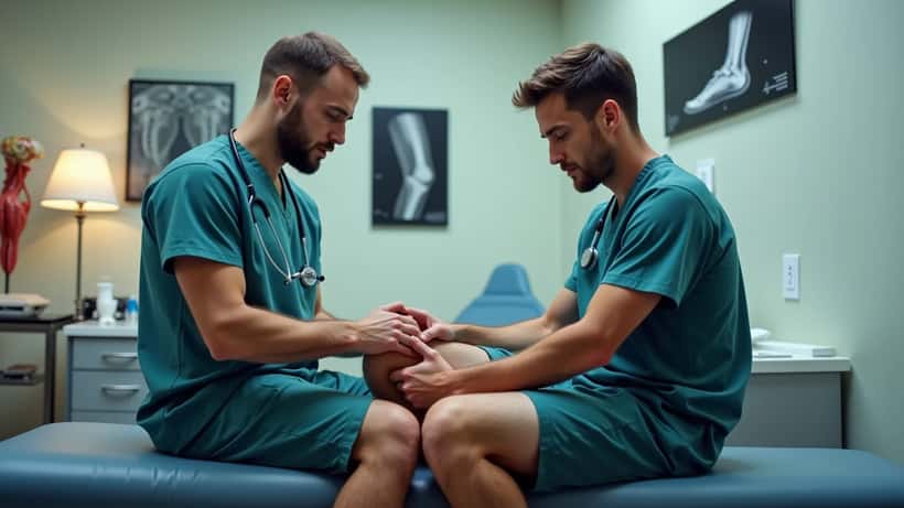 Sports medicine physician examining athlete's knee in clinical setting