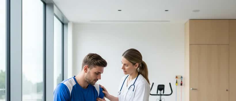 Sportslæge undersøger skulder på en håndboldsespiller i en moderne klinik