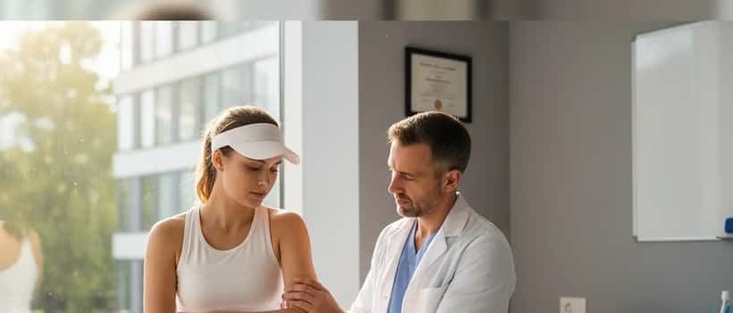 Woman tennis player having her elbow examined by a sports medicine doctor in a UK clinic