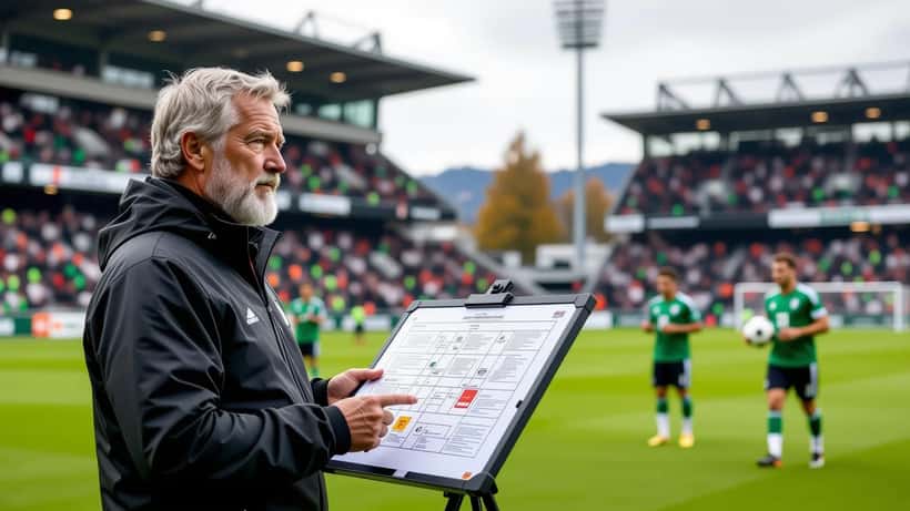 Entraîneur de football dirigeant une séance d'entraînement au stade Letzigrund de Zürich avec tableau tactique