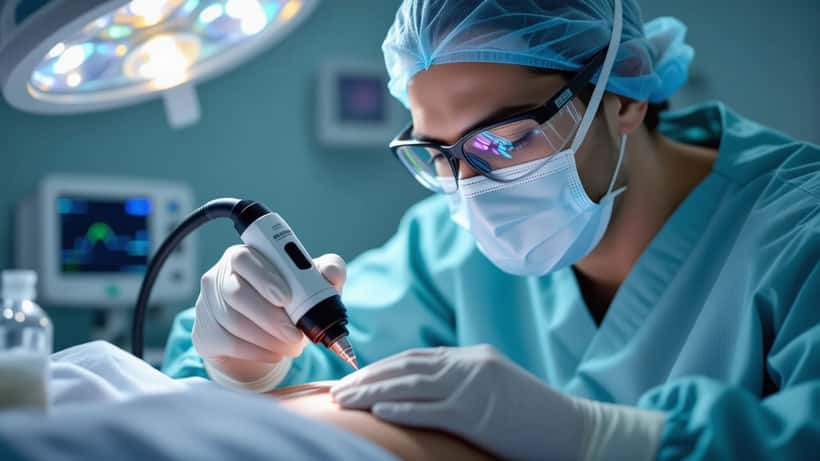 Dermatologue réalisant un détatouage au laser sur l'avant-bras d'un patient en cabinet