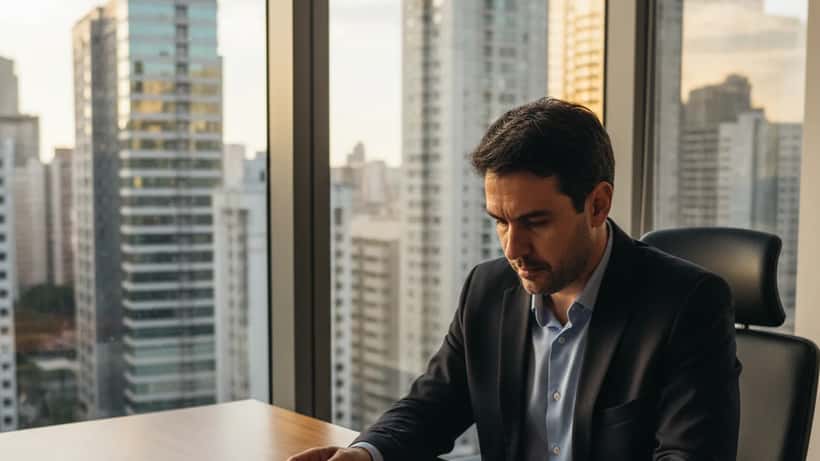 Consultor financeiro brasileiro analisando documentos de investimento imobiliário em escritório com vista para São Paulo