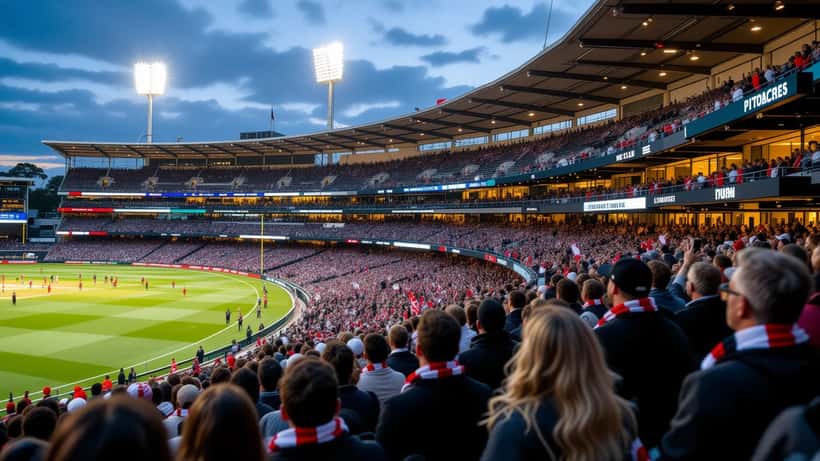 Packed grandstand of AFL fans at a sold-out Sydney Cricket Ground at night