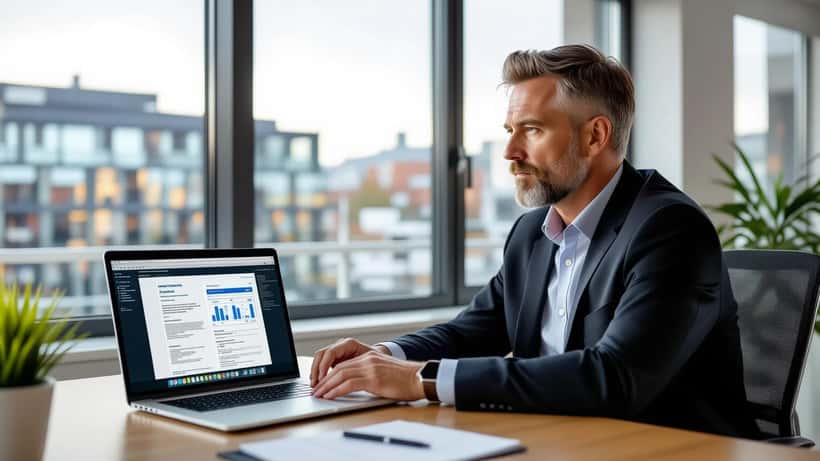 Norsk kontorarbeider ser bekymret på laptop med oversettelsesapp og sensitive dokumenter på skrivebordet, Oslo kontor