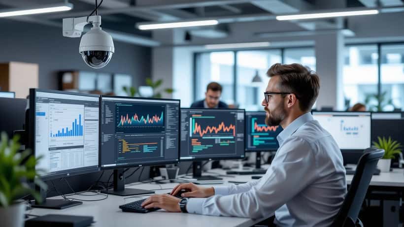 Employee at office desk with productivity monitoring dashboard on screen and surveillance camera visible on wall behind them