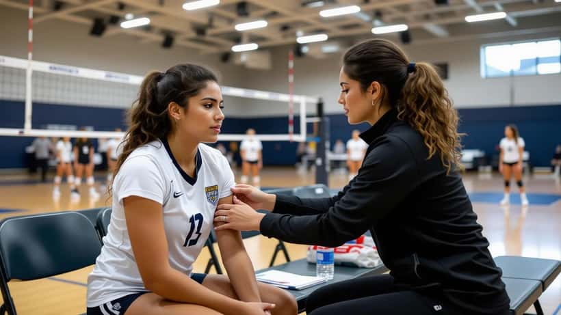 Atleta universitaria de voleibol recibiendo atención médica de un especialista deportivo en la cancha en Texas 2026