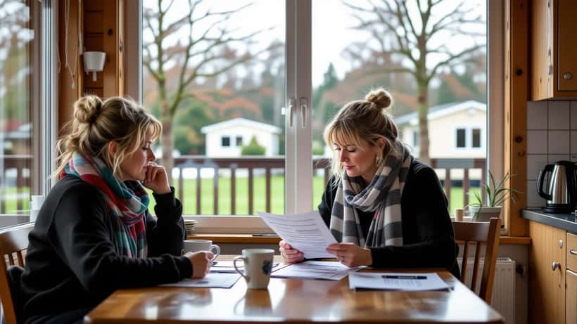 Bezorgde bewoner leest handhavingsbesluit gemeente aan keukentafel in recreatiewoning, Nederland 2026