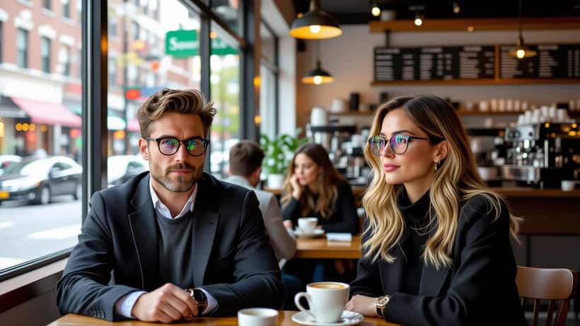 Person wearing AI smart glasses with embedded camera in a New York City coffee shop, nearby patron unaware in background