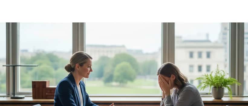 British female solicitor sitting with a distressed client in a calm law office, professional and empathetic setting