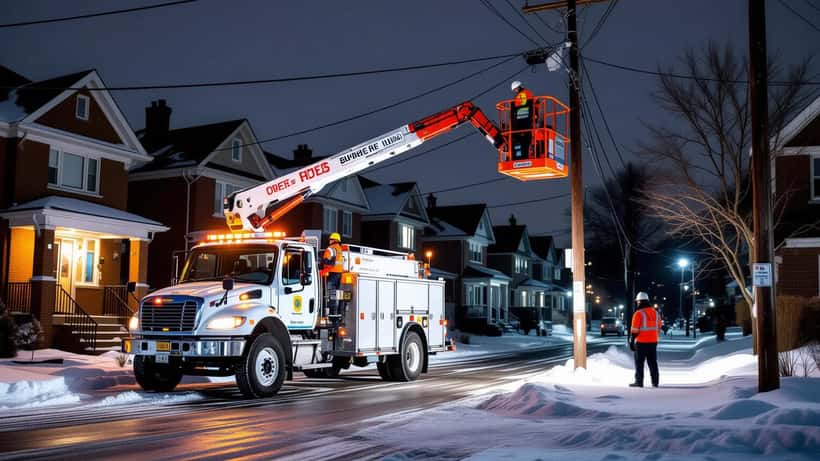 Toronto Hydro utility truck with cherry-picker repairing power lines on a dark residential street at night during a power outage