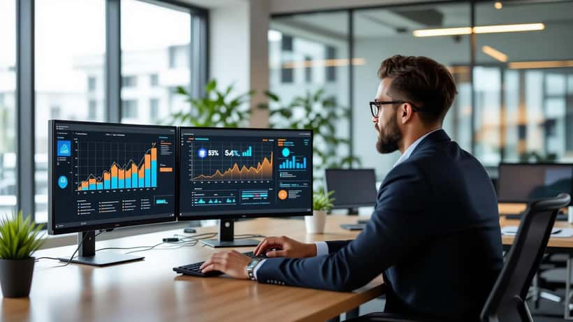 Tech entrepreneur reviewing startup strategy charts in a modern office